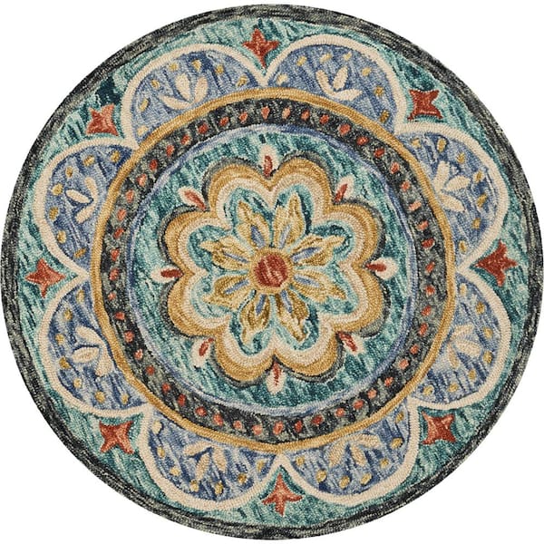 Daliah Modern Blue Multi 4 ft. Round Floral Medallion Border Wool Indoor Area Rug