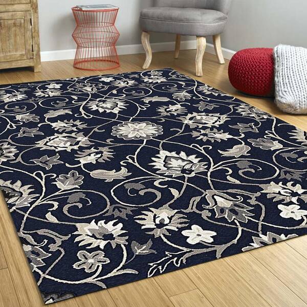 Homeroots 7 ft. Round Blue Bordered Motif Area Rug