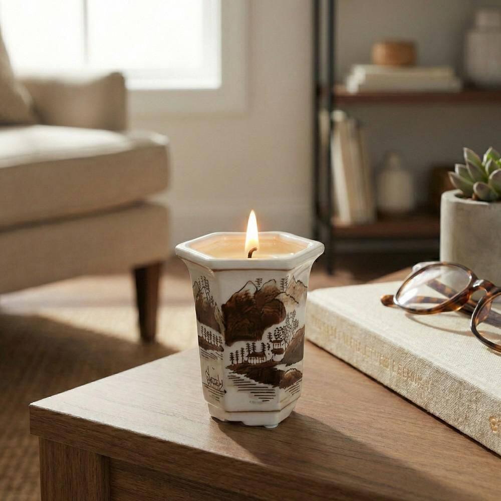 4.75 in. Brown and White Ceramic Sage and Eucalyptus Scented Chinoiserie Candle, 6 oz. price history on PriceWatchPro