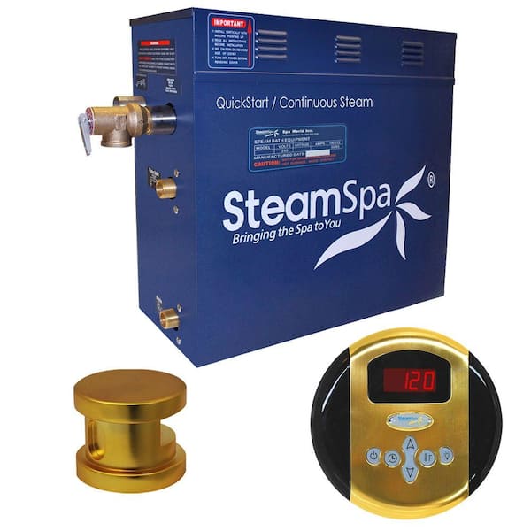 SteamSpa Oasis 9kW Steam Bath Generator Package in Polished Brass