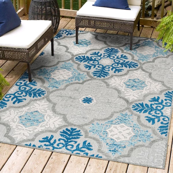 JONATHAN Y Cassis Ornate Ogee Trellis High-Low Light Gray/Blue 8 ft. x 10 ft. Indoor/Outdoor Area Rug