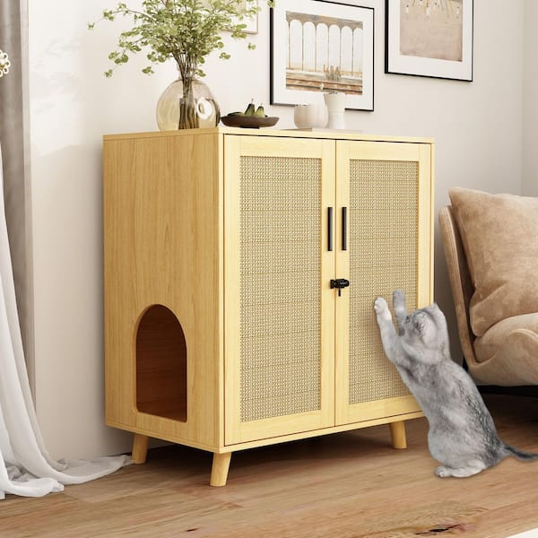 Cat Litter Box Enclosure with Lock Sisal Door, Modern Hidden Litter Box Furniture Cat Washroom Storage for Living Room