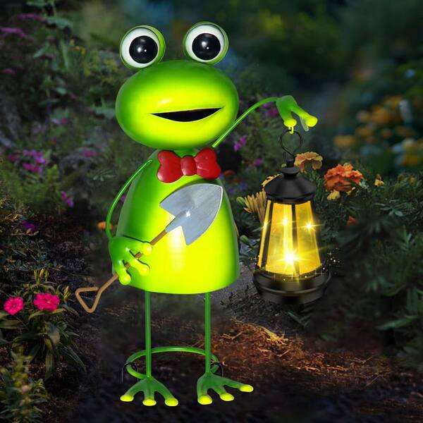 6 in. x 14 in. Green Metal Frog Garden Statue with Solar Lantern