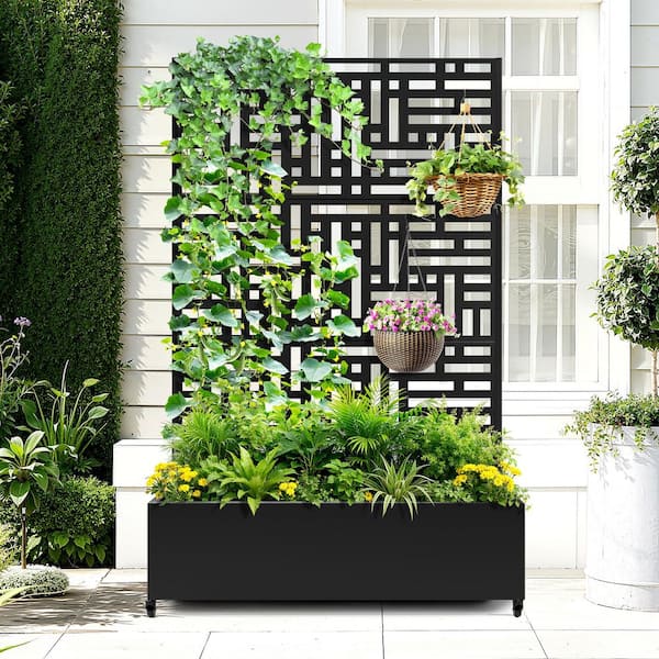 47 in. x 16 in. x 71 in. Black Metal Raised Garden Planter Box with Trellis, Rolling Wheels