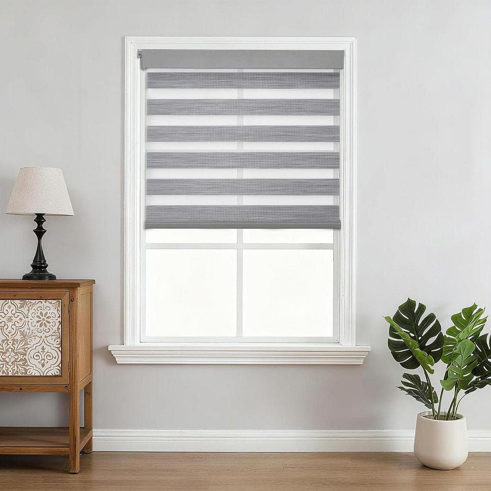 Grey Cordless No-Drill Polyester Light-Filtering Zebra Roller