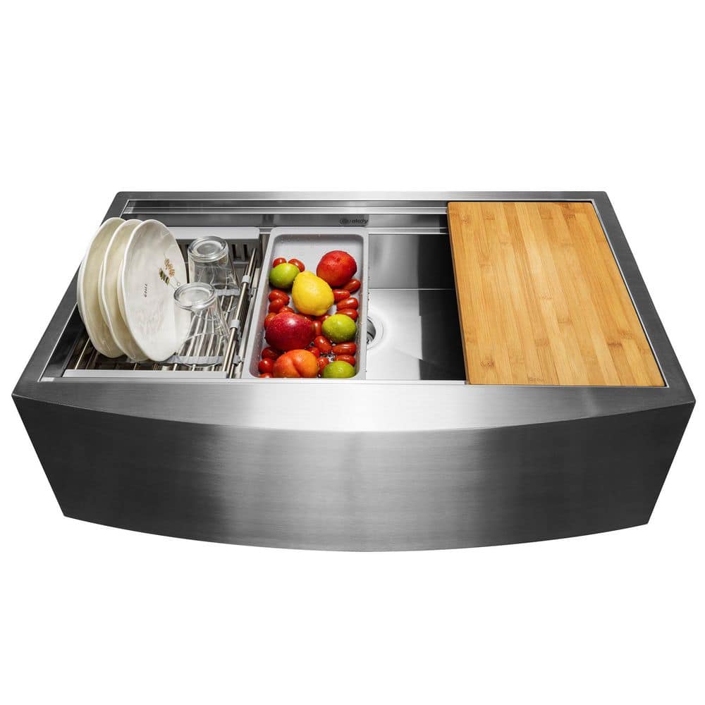 AKDY Handmade Farmhouse Apron Front 33 in. x 22 in. Single Bowl Stainless Steel Workstation Kitchen Sink with Accessories