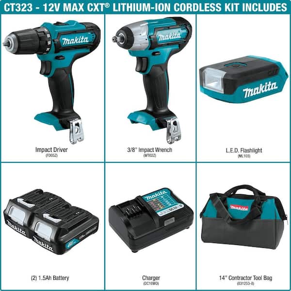 Makita 12V max CXT Lithium-Ion Cordless 3-piece Combo Kit (Driver-Drill/Impact  Wrench/Flashlight) 1.5 Ah CT323 The Home Depot