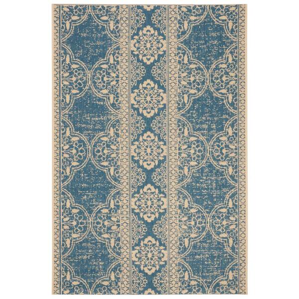 Beach House Cream/Blue 3 ft. x 5 ft. Damask Floral Indoor/Outdoor Area Rug