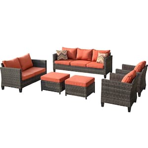 Megon Holly Gray 6-Piece Wicker Outdoor Patio Conversation Seating Set and Loveseat with Orange Red Cushions