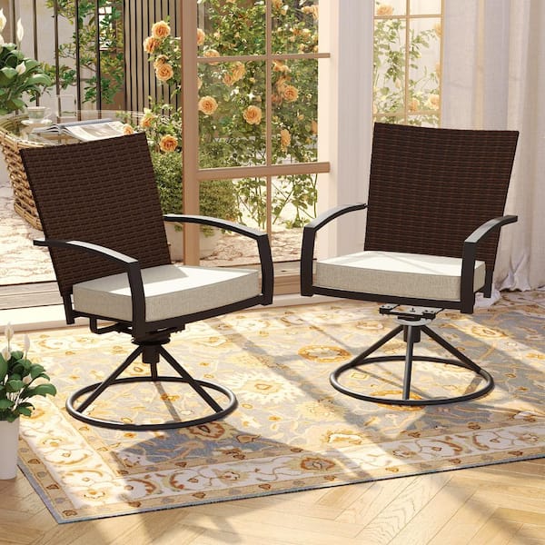 Outdoor Rattan Metal Swivel Dining Chair with Beige Cushion (2-Pack)