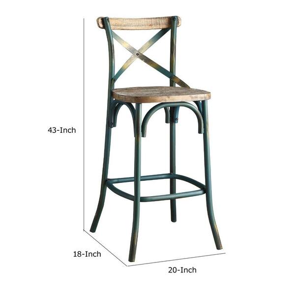 29.33 in. Antique Green and Antique Oak Low Back Metal Frame Bar Height stool With Wooden Seat