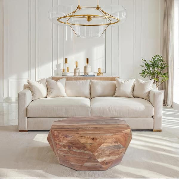 THE URBAN PORT Bon 33 in. Natural Brown Round Diamond Acacia Wood Coffee Table with Smooth Top