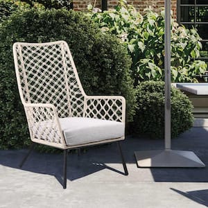Marco Polo Cushioned Steel Indoor Outdoor Lounge Arm Chair with Natural Springs Rope and Grey Cushion