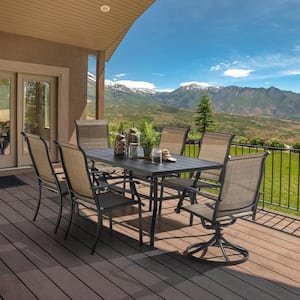 Brown 7-Piece Steel Sling Outdoor Patio Dining Set with Rectangular Table and Swivel Dining Chairs