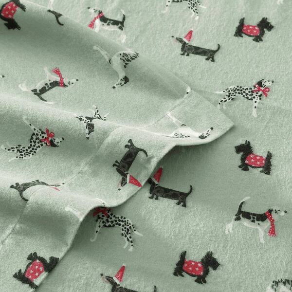 Laura Ashley Holiday Pups 4-Piece Green Cotton Flannel Queen Sheet