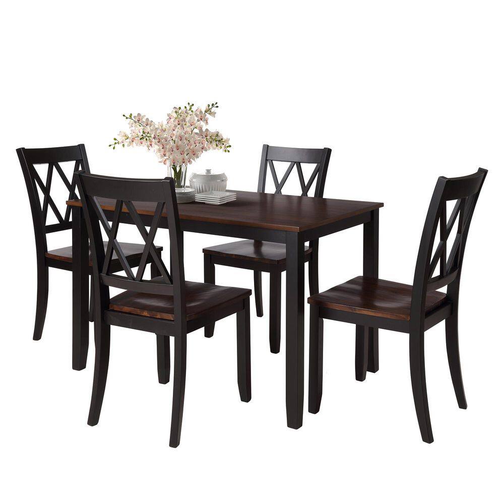 5-Piece Rectangular Espresso and Black Wood Top Dining Table Set with Seats 4