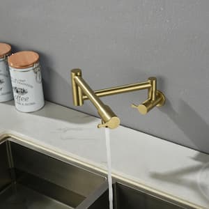 Wall Mounted Pot Filler Double-Handle Kitchen Sink Faucet Folding Stainless Steel Swing Arm Modern Taps in Brushed Gold