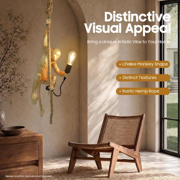 OUKANING 1-Light Gold Vintage Resin Hemp Rope Monkey Pendant Light