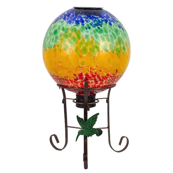 10 in. Decorative Garden Yellow Glass Gazing Ball, Solar Globe with Metal Ball Stand for Indoor and Outdoor
