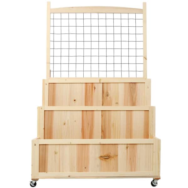 Unbranded Wood 3-Tier 32 in. x 24 in. x 53 in. Raised Garden Bed with Trellis, Planter Box with Wheels and Storage for Herbs