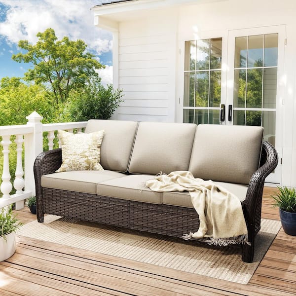 3-Seat Brown Wicker Outdoor Couch Patio Sofa with Thick Beige Cushions