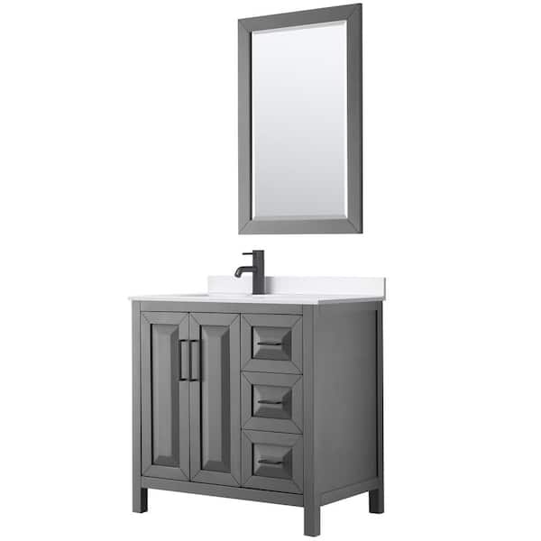 Wyndham Collection Daria 36 in. W x 22 in. D x 35.75 in. H Single Bath Vanity in Dark Gray with White Quartz Top and 24 in. Mirror