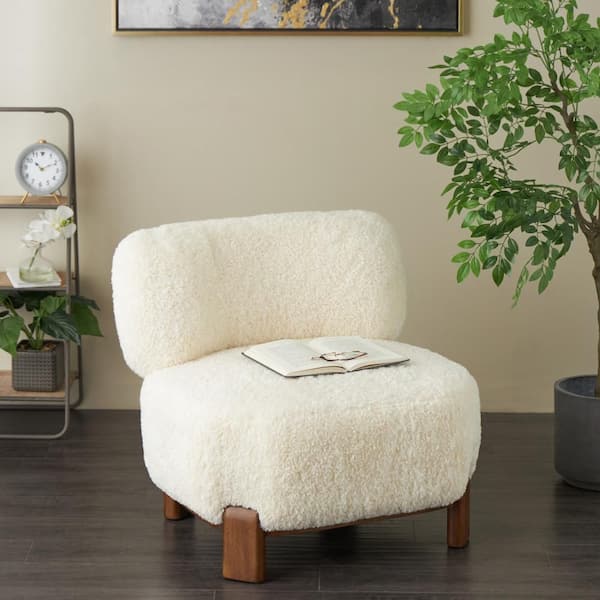 White Polyester Accent Chair with Brown Wooden Legs