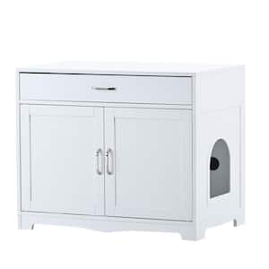 Litter Box Enclosure Cat Litter Box Furniture with Hidden Plug 2 Doors Cat Washroom Storage Bench Side Table in White