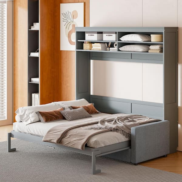 Harper & Bright Designs Gray Wood Frame Queen Size Murphy Bed, Wall Bed with Shelves, Folded into a Cabinet with 3-Seat Couch