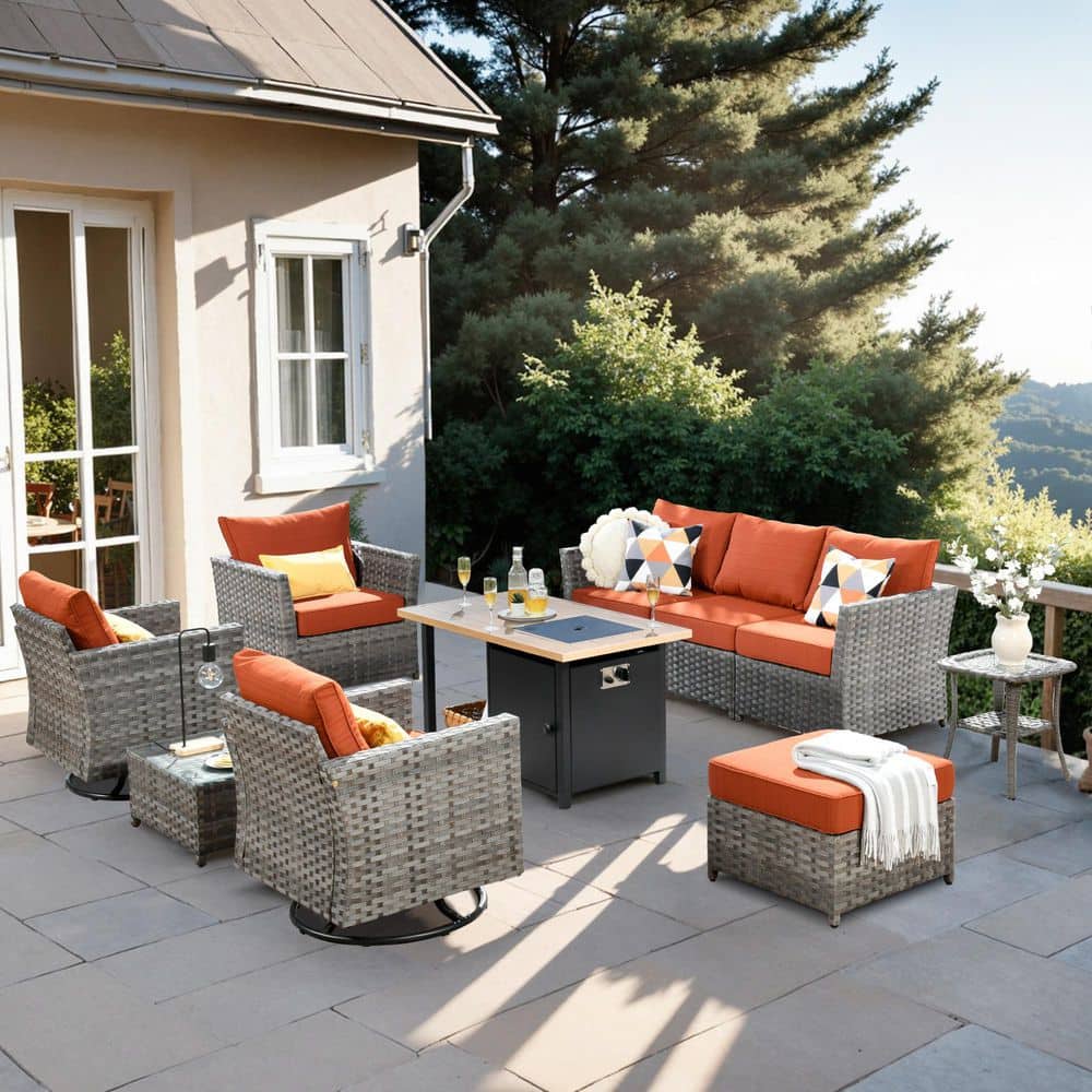 Eufaula Gray 10-Piece Wicker Outdoor Patio Conversation Sofa Set with a Storage Shelf Fire Pit and Orange Red Cushions