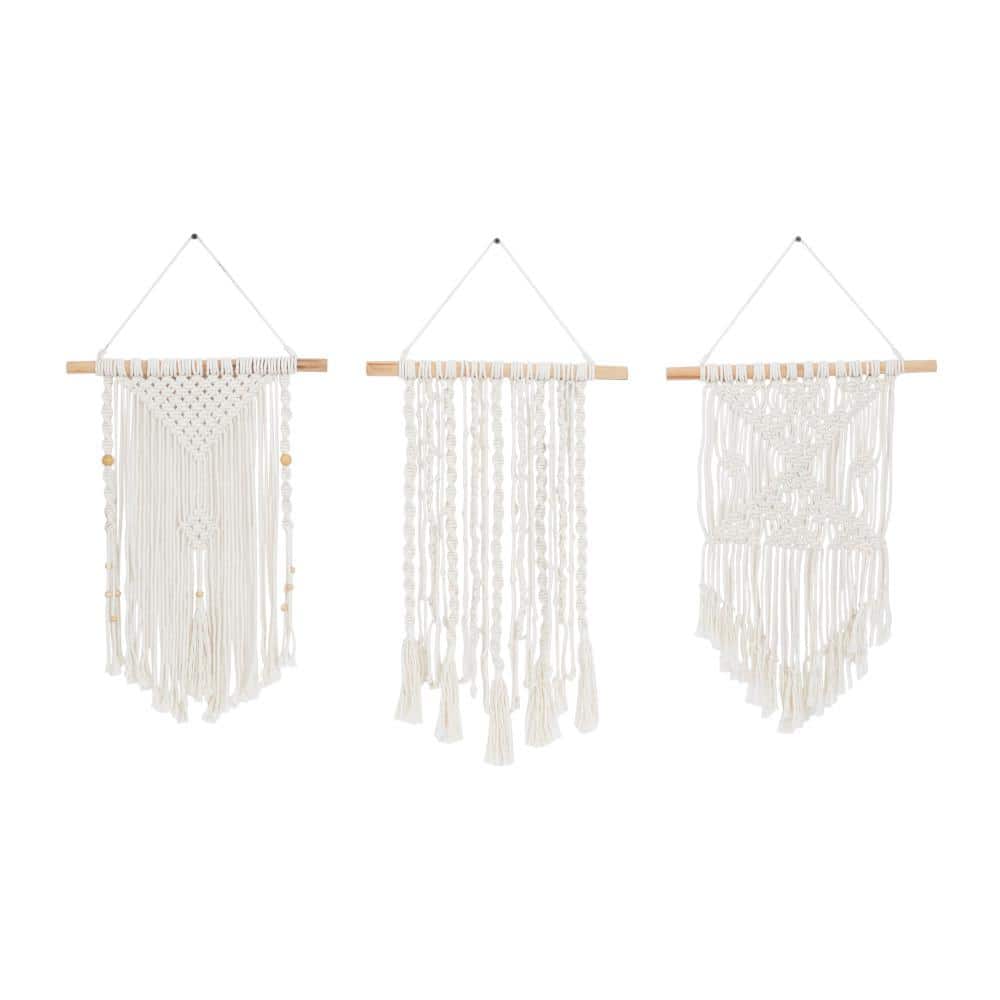 Cotton Cream Handmade Intricately Weaved Macrame Wall Decor with Beaded Fringe Tassels (Set of 3)