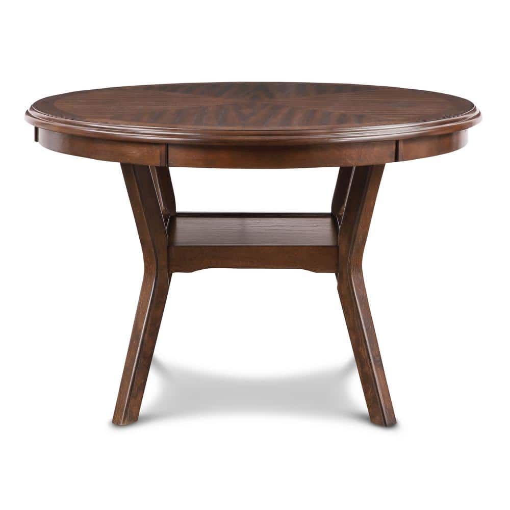 Cherry Wood Round Dining Table Set with Gray Upholstered Chairs