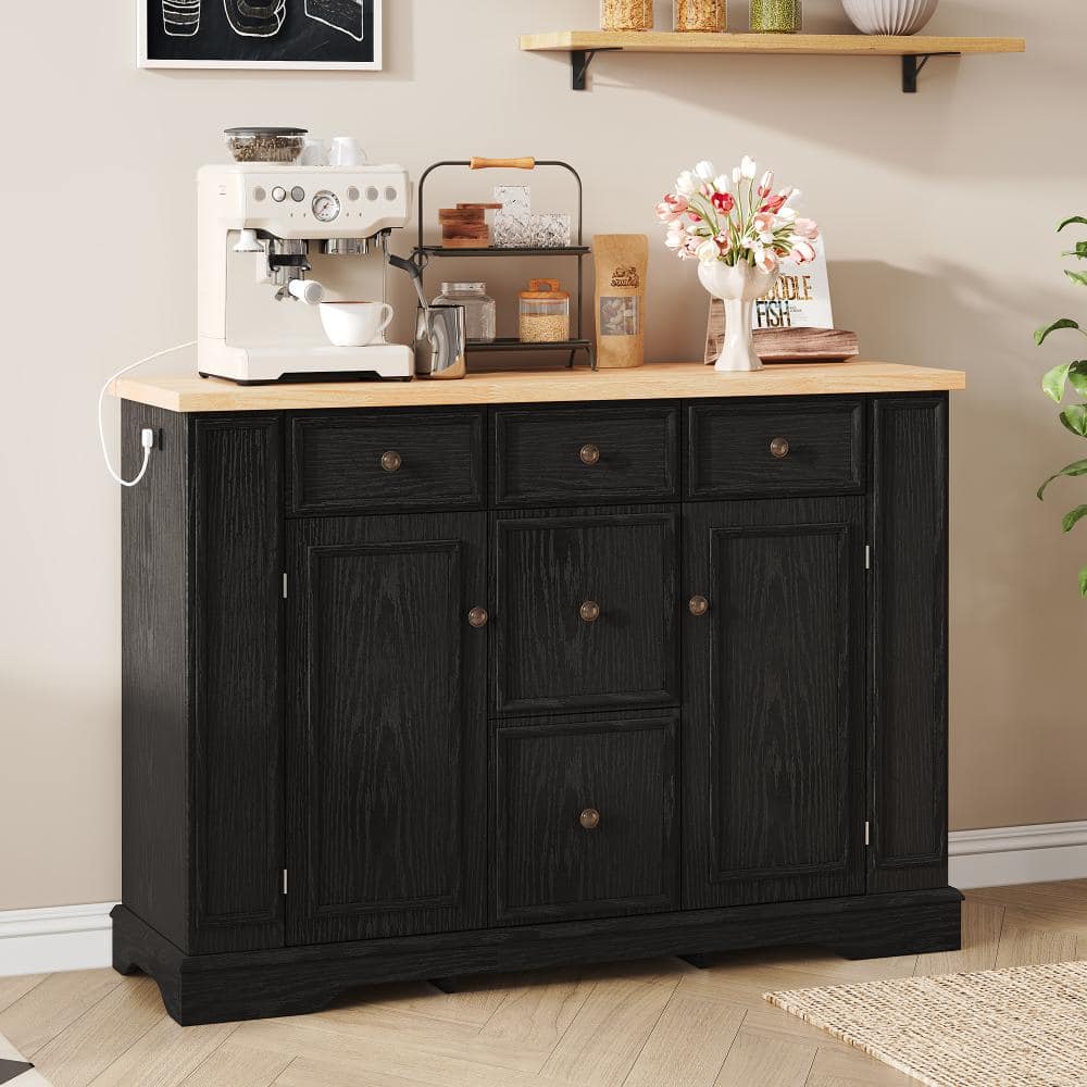 Black Sideboard Buffet Cabinet with 5 Drawers, 2 Cabinets and Adjustable Shelves