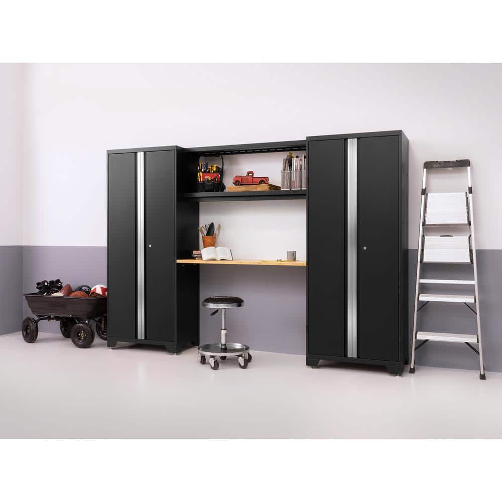 Black Lockable Garage Cabinet Set with Bamboo Worktop