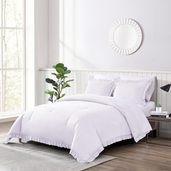 Shatex Shatex Ruffled White Queen Comforter Bedding Set- 3 Piece All Season, Ultra Soft Polyester- White with Ruffles