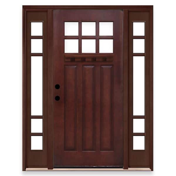 Steves & Sons Craftsman 6 Lite Stained Mahogany Wood Right-Hand Prehung Front Door with 5 Lite Sidelites-DISCONTINUED