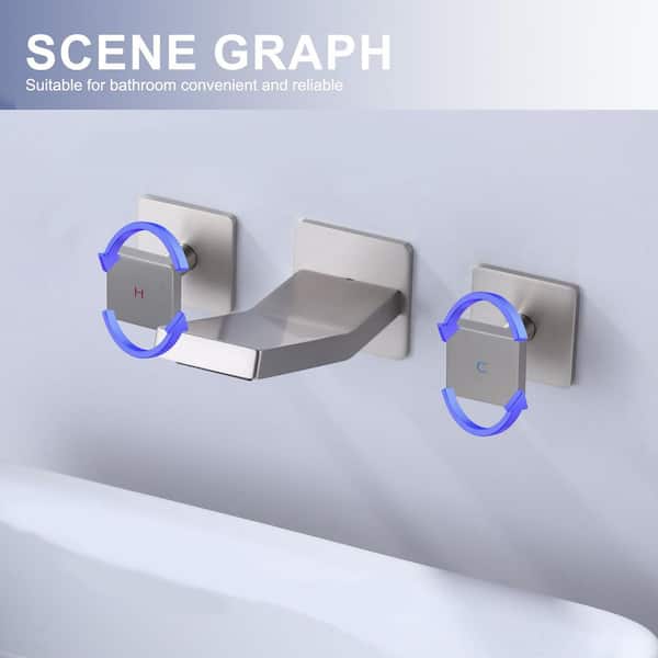 Modern Double Handle Wall Mounted Bathroom Faucet with Waterfall Spout in Brushed Nickel
