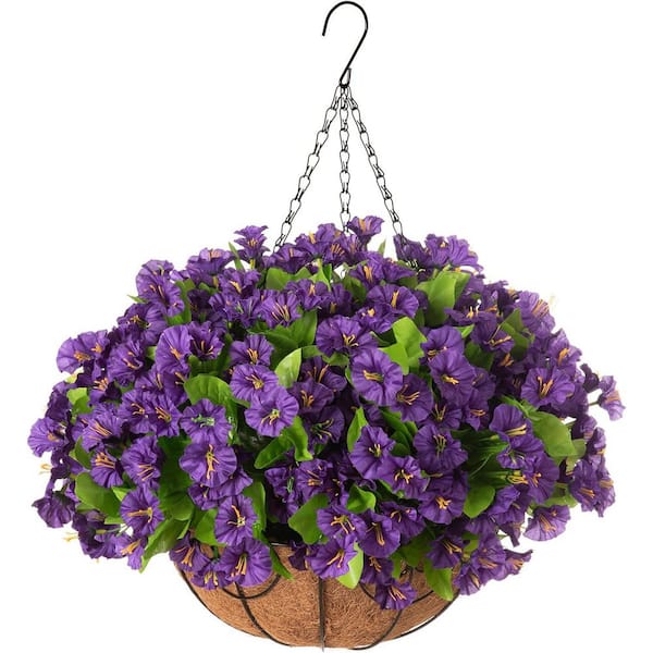 Unbranded 21.3 in. Light Purple Outdoor Artificial Hanging Petunia Flowers in Brown Basket