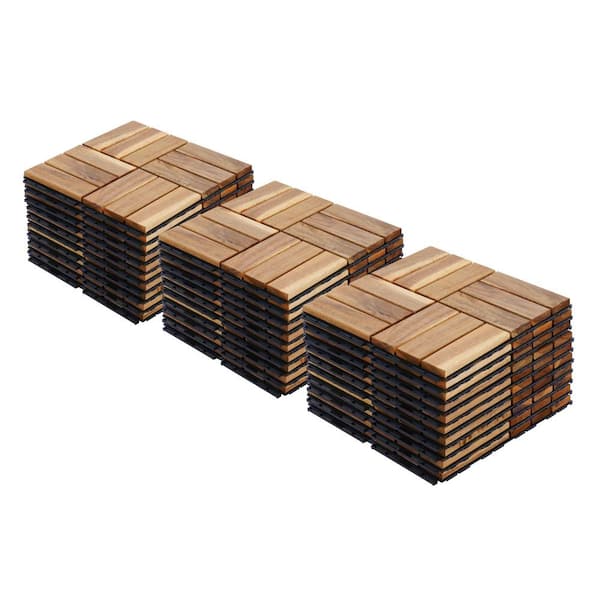 cadeninc 12 in. x 12 in. Square Interlocking Acacia Wood Outdoor Checker Pattern Flooring Tiles (Set of 30 Tiles)