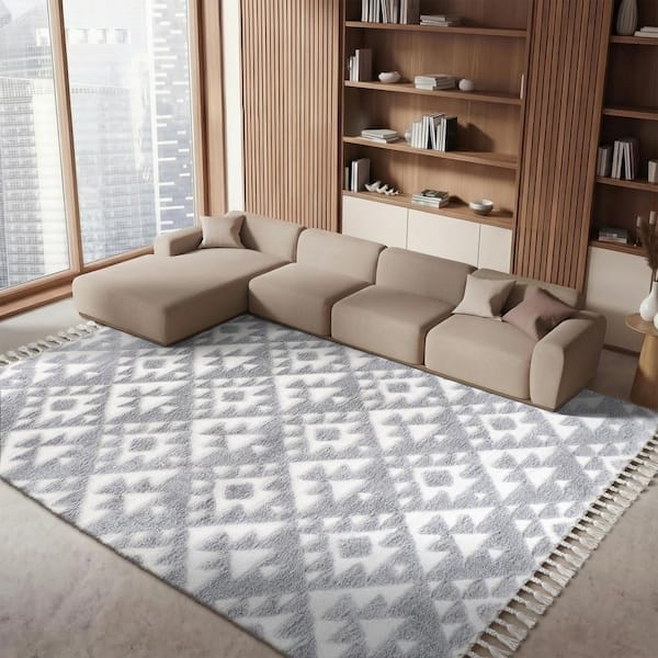 Moroccan Tassel Shag 8 ft. x 10 ft. Gray/Ivory High-Low Geometric Fringe Area Rug