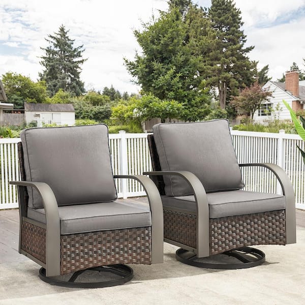 Opohoro Brown Wicker Outdoor Rocking Chairs, Heavy Duty Swivel Rocking Chairs with Wide Metal Arms, Gray Cushions (2-Pack)