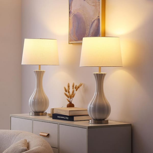 25.5 in. White Ceramics Modern Dimmable Bedside Desk Nightstand Table Lamps with White Shade (Set of 2)