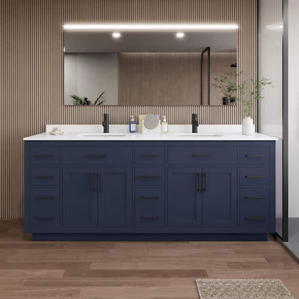 Wyndham Collection Beckett TK 84 in. W x 22 in. D x 35 in. H Double Sink Bath Vanity in Dark Blue with Matte Black Trim White Quartz Top