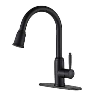 Single Handle Deck Mount Gooseneck Pull Down Sprayer Kitchen Faucet with Deckplate Included in Matte Black