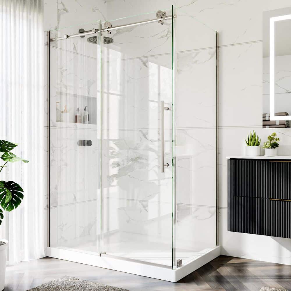 48 in. W x 72 in. H Sliding Frameless Corner Shower Enclosure in Brushed Nickel with 5/16 in. (8mm) Clear Tempered Glass price history on PriceWatchPro