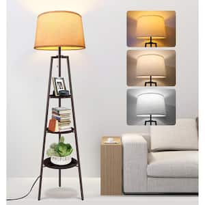 60.7 in. Brown Tripod Floor Lamp with with White Linen Texture Shade and 3-tier Wood Open Storage Shelf