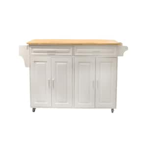 54 in. W White Wooden Kitchen Cart With Towel Holder and Spice Rack