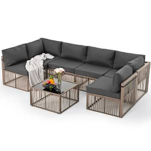 7-Piece Wicker Outdoor Patio Sofa Sectional Set with Gray Cushions