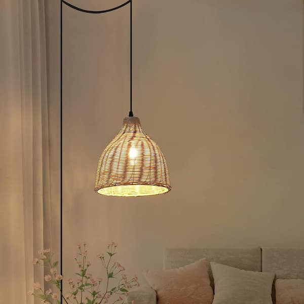 SUNLLOK Industrial 10.24 in. 1-Light Kitchen Island Bamboo Shade Plug in Pendant Light with 2 Bases and Switch, E26 Base
