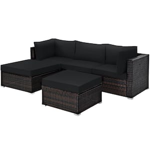 5-Pieces Wicker Patio Conversation Set Sectional Set Ottoman Table with Black Cushions